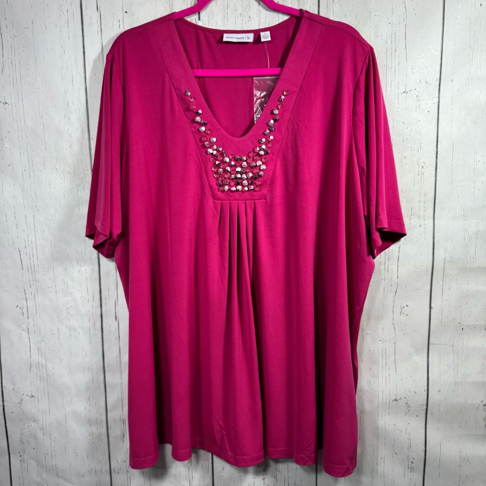 Susan Graver Liquid Knit Pink Embellished Tunic Top 3X Glam Resortwear Feminine - Picture 6 of 13